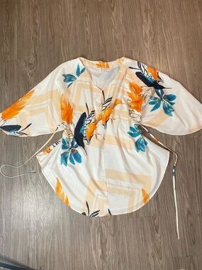 Women’s Floral V-Neck Wrap Blouse in White with Orange & Teal